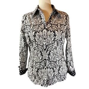 Jones New York‎ Button up Black & White Damask 100% Cotton Size 1X